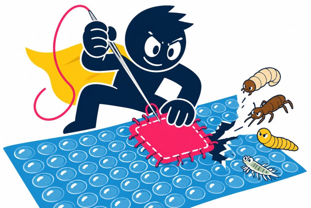 apprenez à coudre une bâche à bulle pour réparer efficacement les zones usées, empêchant ainsi l'infiltration de larves et d'insectes aquatiques dans votre piscine.