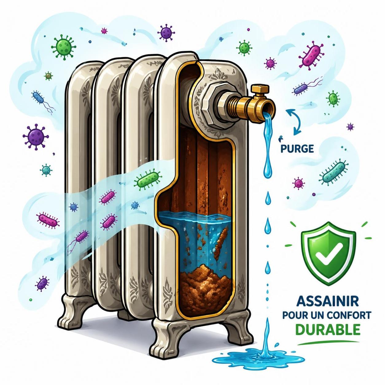 découvrez comment purger efficacement un radiateur en fonte pour maintenir un circuit propre, prévenir l'humidité, les dépôts et limiter la prolifération bactérienne.