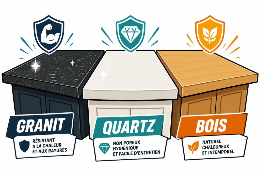 découvrez comment choisir le plan de travail idéal pour votre cuisine en comparant granit, quartz et bois, alliant praticité et esthétique pour un espace de vie fonctionnel et élégant.