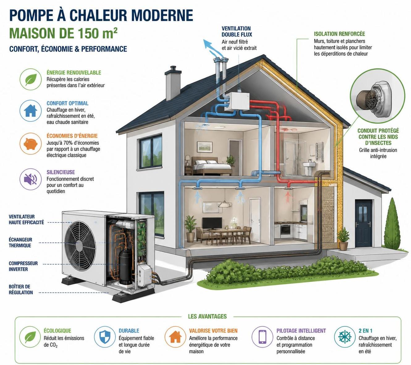 découvrez le prix d'une pompe à chaleur pour une maison de 150m2, incluant l'installation, la ventilation optimale et des conseils pour prévenir les nids d'insectes dans les conduits.