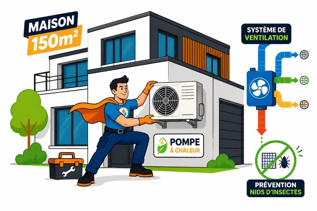découvrez le prix d'une pompe à chaleur pour une maison de 150m2, incluant l'installation, la ventilation optimale et les conseils pour prévenir les nids d'insectes dans les conduits.