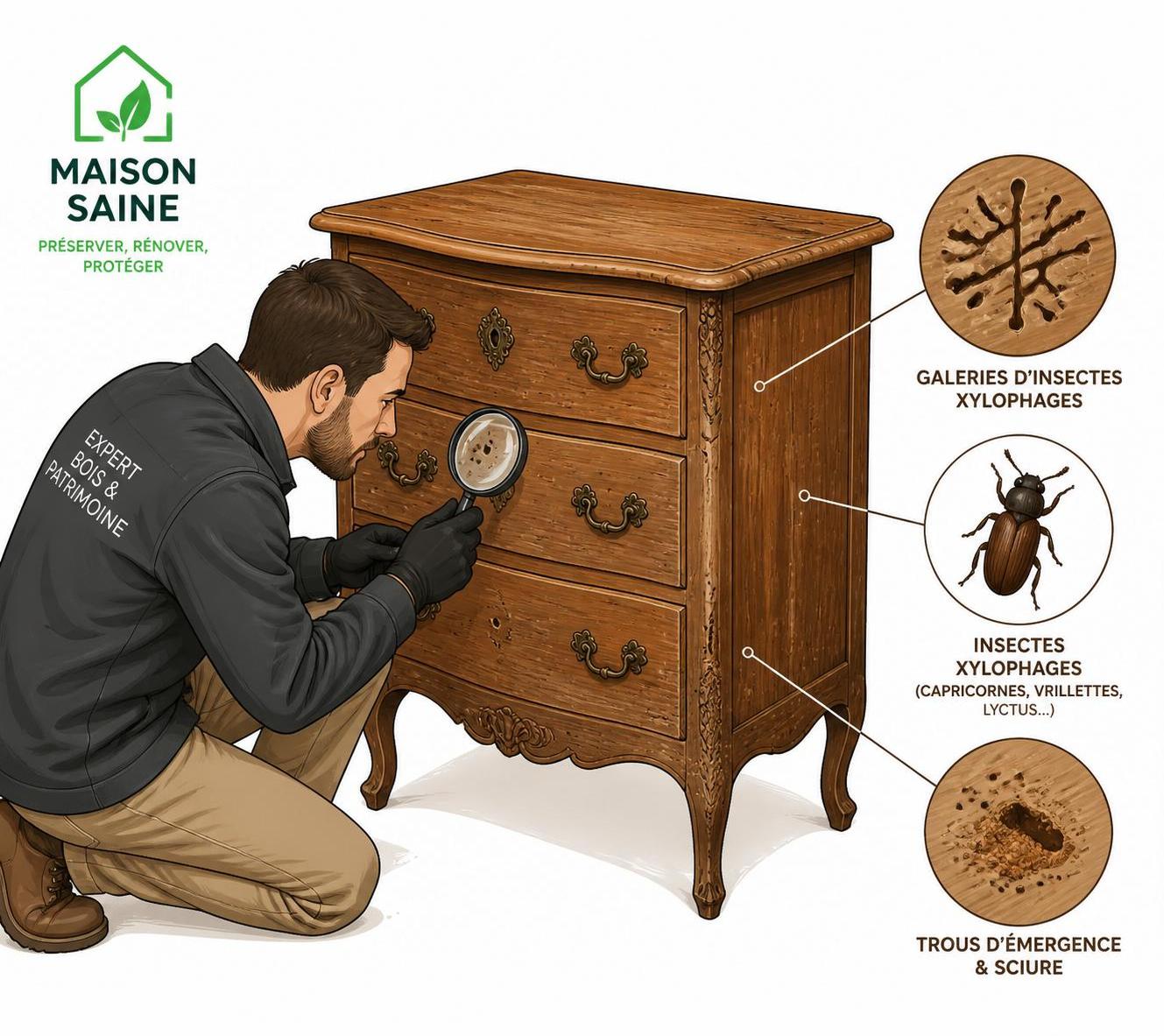 découvrez comment sabler un meuble en bois tout en détectant les galeries d'insectes xylophages pour une rénovation efficace et durable.