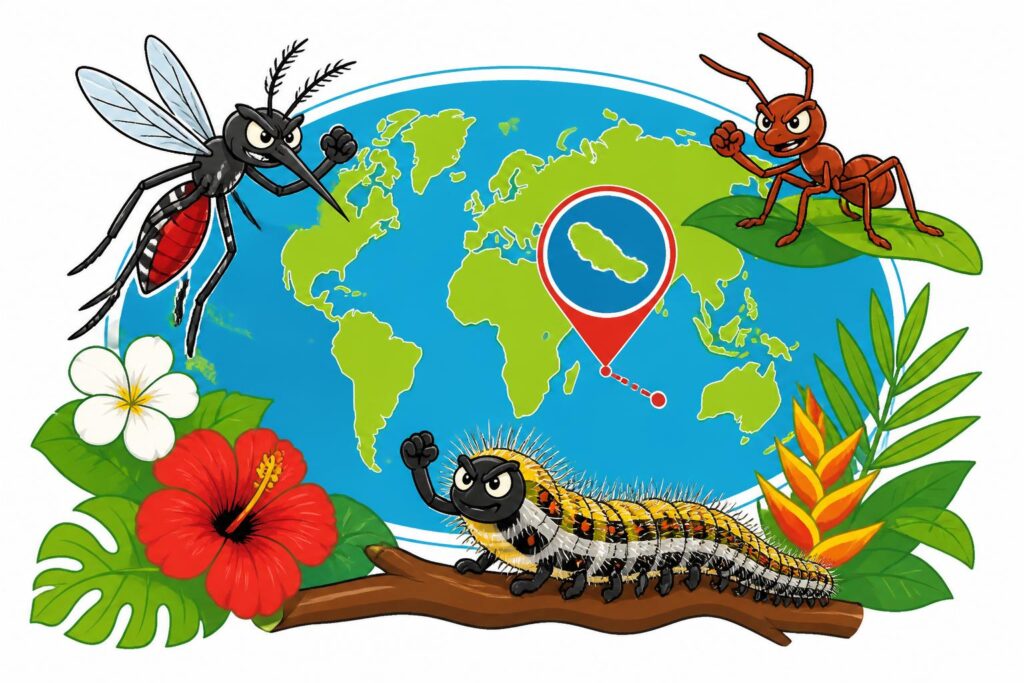 découvrez la carte du monde de tahiti et identifiez les espèces nuisibles et insectes locaux à connaître avant votre départ pour un voyage en toute sécurité.