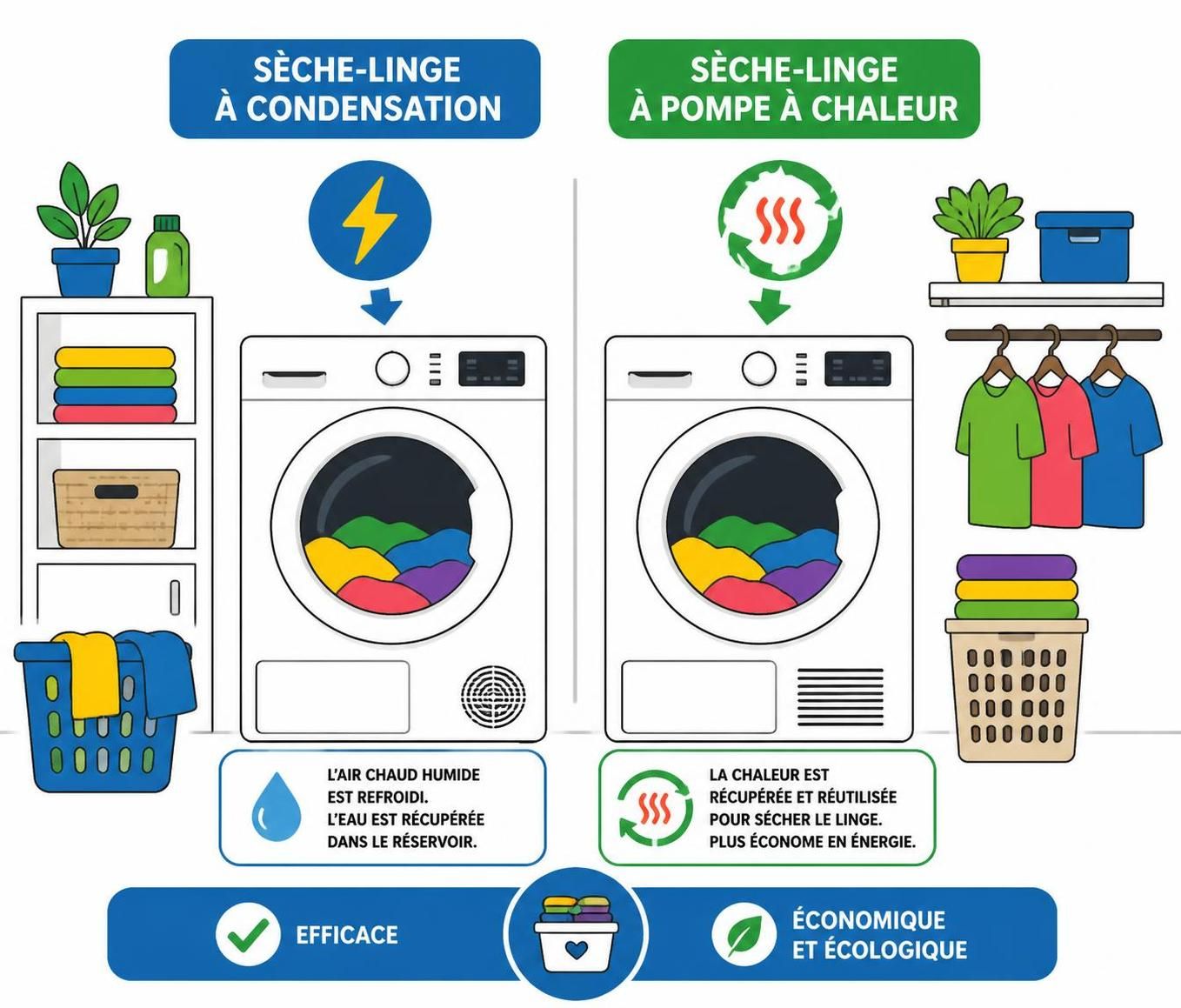 Séchoirs à linge : condensation ou pompe à chaleur, quel modèle est le plus économique ? 2 découvrez quel séchoir à linge, condensation ou pompe à chaleur, est le plus économique pour sécher votre linge tout en optimisant votre consommation d'énergie.