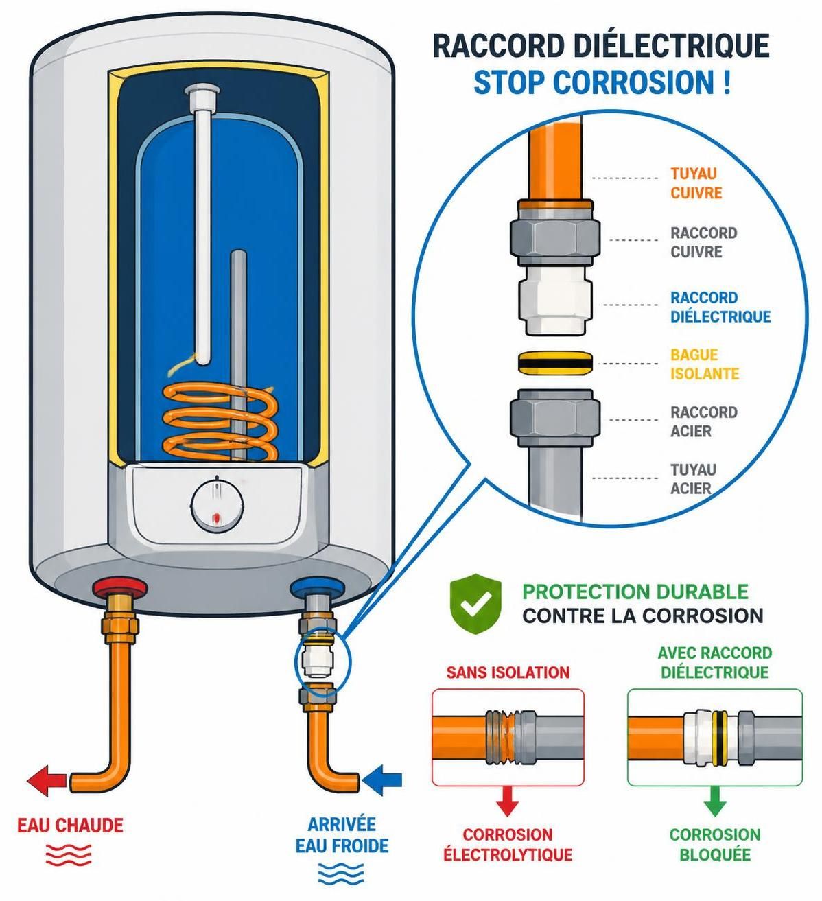 Sécurité en plomberie : comprendre le raccordement diélectrique du chauffe-eau, son importance et sa mise en place 2 découvrez l'importance du raccordement diélectrique en plomberie pour la sécurité de votre chauffe-eau, son fonctionnement et les étapes clés de son installation.