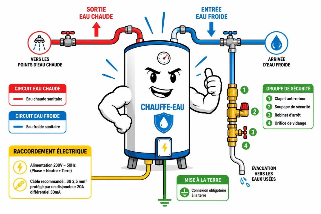 découvrez notre guide illustré complet pour l'installation et les raccordements essentiels d'un chauffe-eau, avec des schémas détaillés pour faciliter chaque étape.